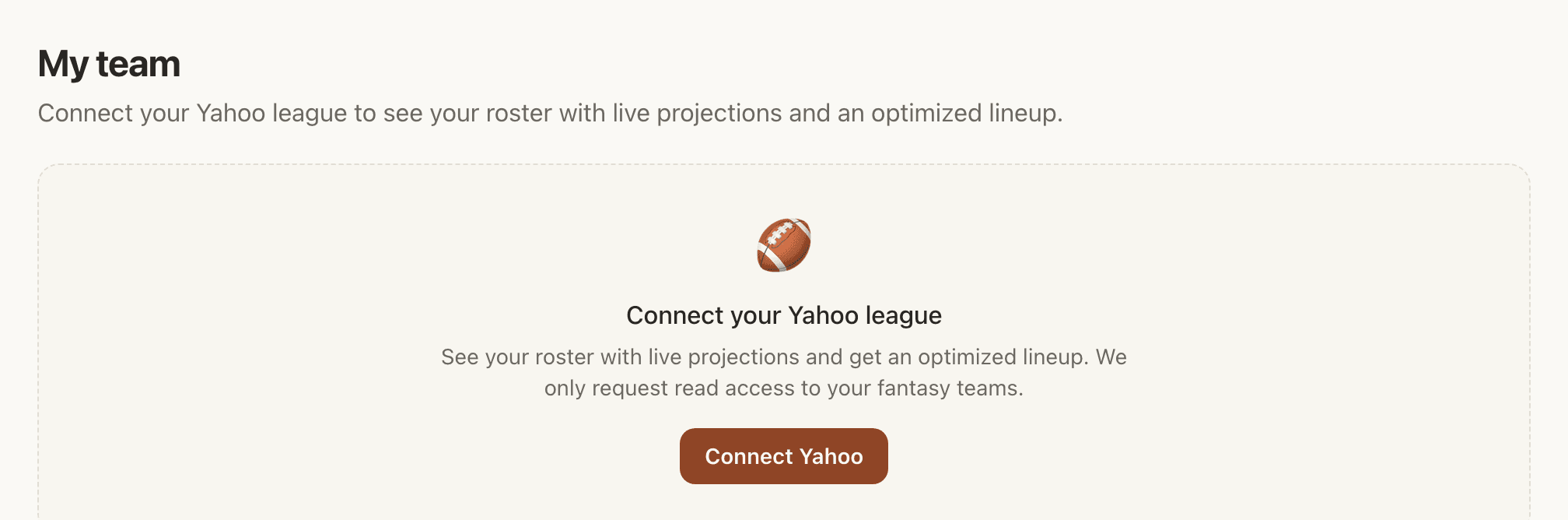 The My Team page before connecting, with a Connect Yahoo button